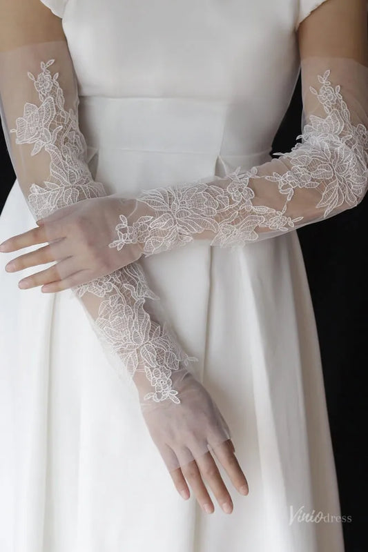 Long Sheer Tulle Bridal Gloves with Lace Appliques, Fingerless Wedding Gloves for Brides WG154-Bridal Gloves 2026-Viniodress-Ivory-
