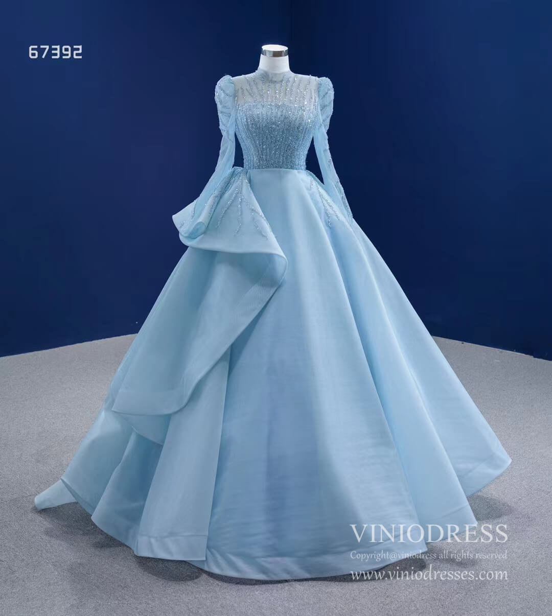 Long Sleeve Baby Blue Ball Gown High Neck Beaded Prom Dress 67392 viniodress-Quinceanera Dresses 2025 -Viniodress-Light Blue-Custom Size-