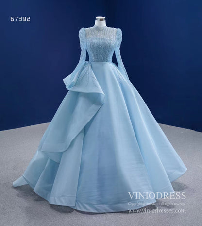 Long Sleeve Baby Blue Ball Gown High Neck Beaded Prom Dress 67392 viniodress-Quinceanera Dresses 2025 -Viniodress-Light Blue-Custom Size-