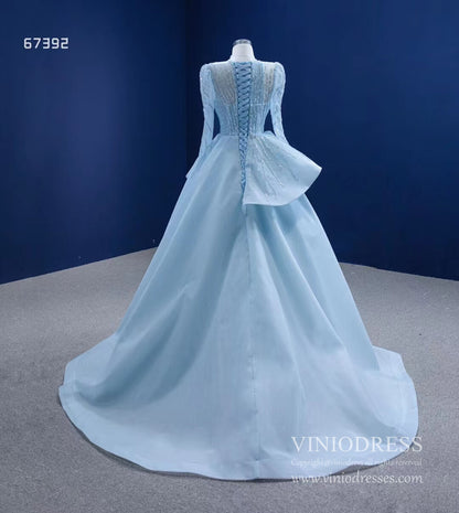 Long Sleeve Baby Blue Ball Gown High Neck Beaded Prom Dress 67392 viniodress-Quinceanera Dresses 2025 -Viniodress-Light Blue-Custom Size-