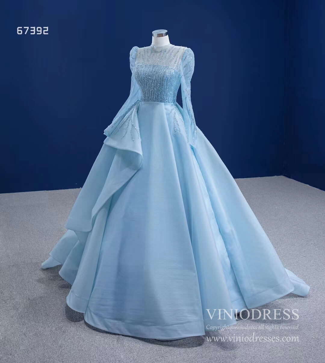 Long Sleeve Baby Blue Ball Gown High Neck Beaded Prom Dress 67392 viniodress-Quinceanera Dresses 2025 -Viniodress-Light Blue-Custom Size-