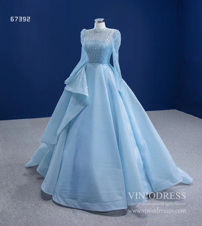 Long Sleeve Baby Blue Ball Gown High Neck Beaded Prom Dress 67392 viniodress-Quinceanera Dresses 2025 -Viniodress-Light Blue-Custom Size-