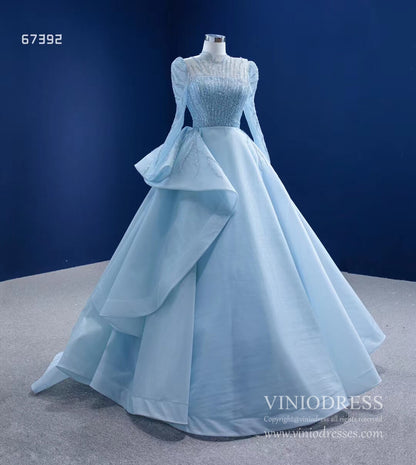 Long Sleeve Baby Blue Ball Gown High Neck Beaded Prom Dress 67392 viniodress-Quinceanera Dresses 2025 -Viniodress-Light Blue-Custom Size-