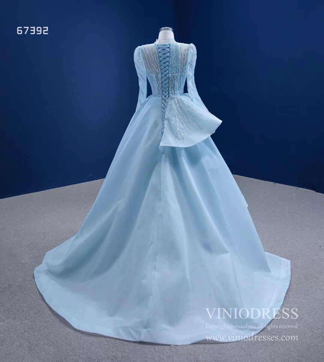 Long Sleeve Baby Blue Ball Gown High Neck Beaded Prom Dress 67392 viniodress-Quinceanera Dresses 2025 -Viniodress-Light Blue-Custom Size-