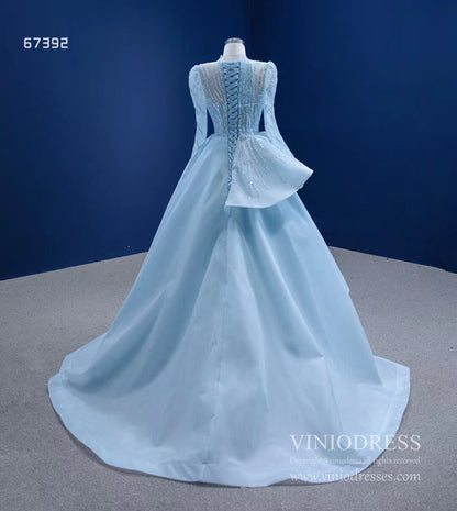 Long Sleeve Baby Blue Ball Gown High Neck Beaded Prom Dress 67392 viniodress-Quinceanera Dresses 2025 -Viniodress-Light Blue-Custom Size-