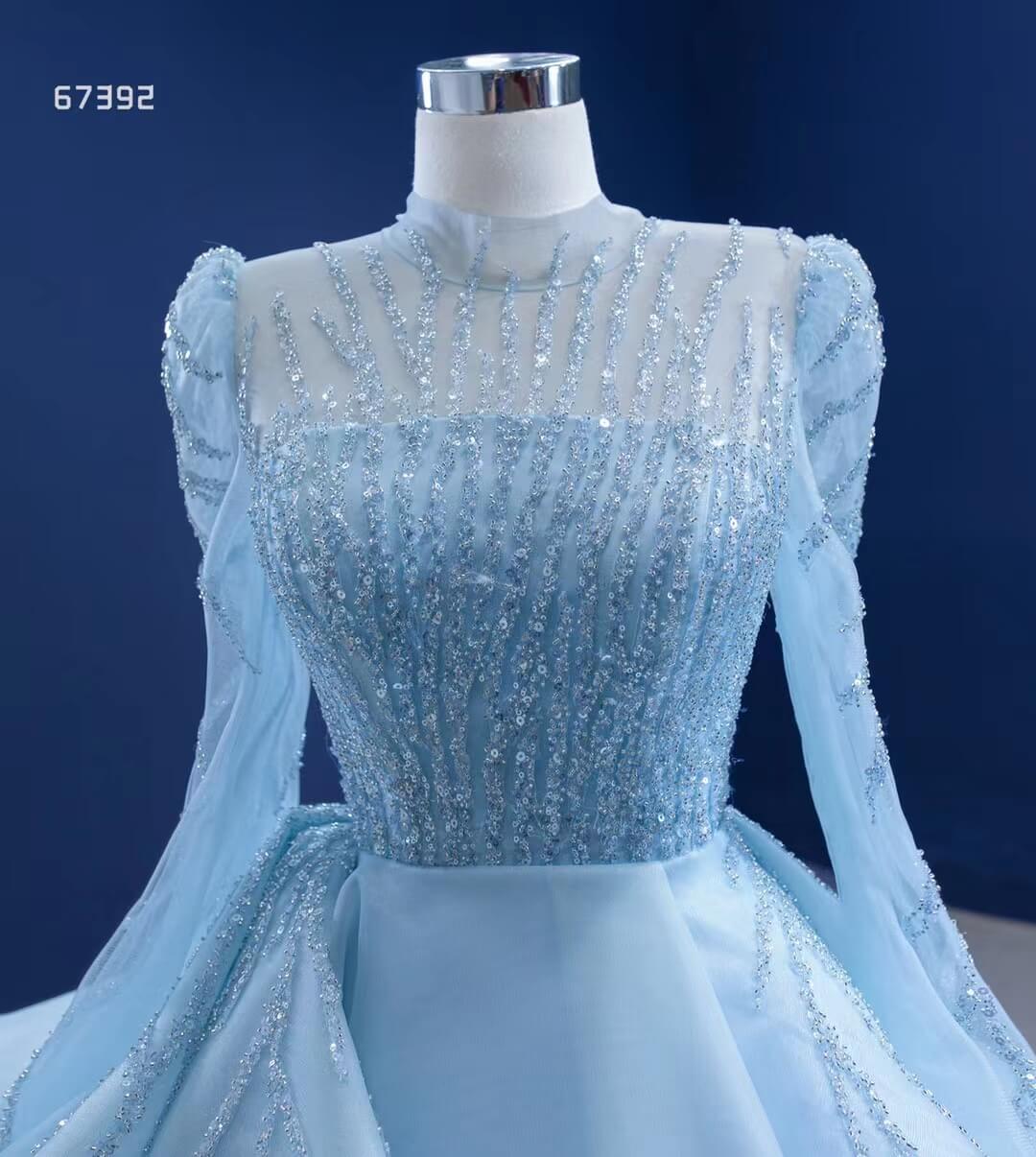 Long Sleeve Baby Blue Ball Gown High Neck Beaded Prom Dress 67392 viniodress-Quinceanera Dresses 2025 -Viniodress-Light Blue-Custom Size-