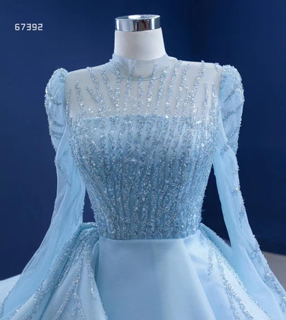 Long Sleeve Baby Blue Ball Gown High Neck Beaded Prom Dress 67392 viniodress-Quinceanera Dresses 2025 -Viniodress-Light Blue-Custom Size-