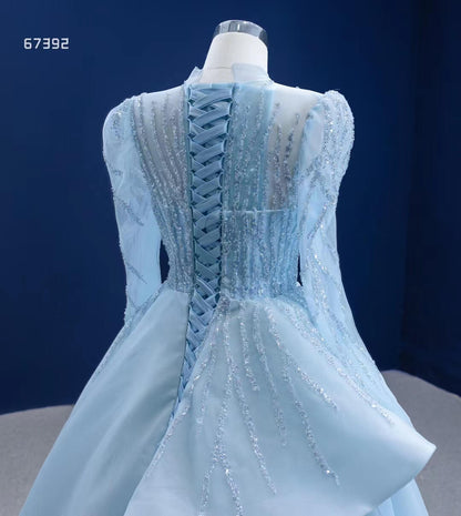 Long Sleeve Baby Blue Ball Gown High Neck Beaded Prom Dress 67392 viniodress-Quinceanera Dresses 2025 -Viniodress-Light Blue-Custom Size-