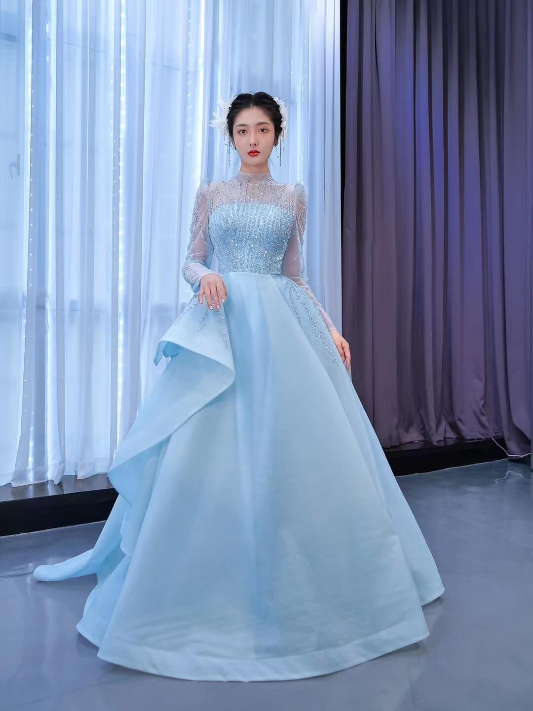 Long Sleeve Baby Blue Ball Gown High Neck Beaded Prom Dress 67392 viniodress-Quinceanera Dresses 2025 -Viniodress-Light Blue-Custom Size-