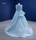 Prom Dress 2025 Long Sleeve Baby Blue Ball Gown High Neck Beaded Prom Dress 67392 viniodress-unique Quinceanera Dresses-Light Blue-Custom Size-Viniodress