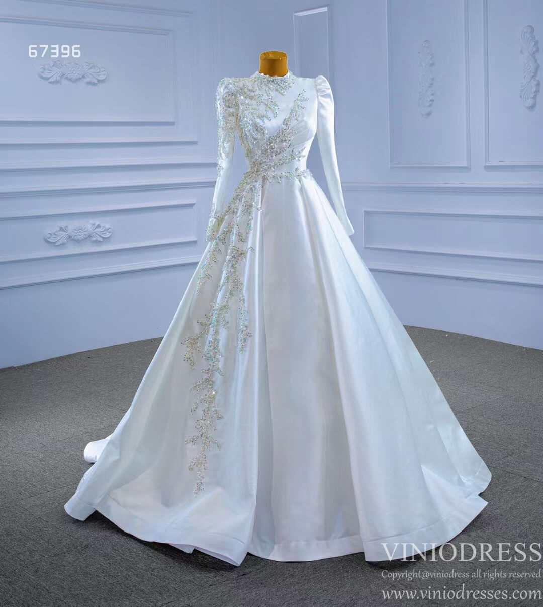 Long Sleeve Beaded A-line Wedding Dresses vestido de novia 67396-wedding dresses 2025 -Viniodress-Ivory-Custom Size-