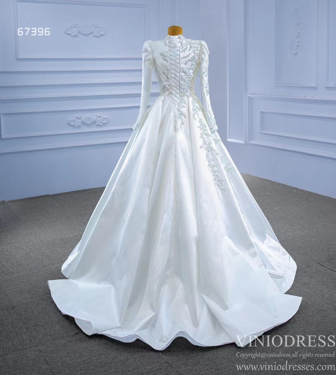 Long Sleeve Beaded A-line Wedding Dresses vestido de novia 67396-wedding dresses 2025 -Viniodress-Ivory-Custom Size-