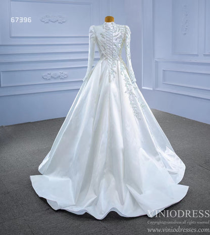 Long Sleeve Beaded A-line Wedding Dresses vestido de novia 67396-wedding dresses 2025 -Viniodress-Ivory-Custom Size-