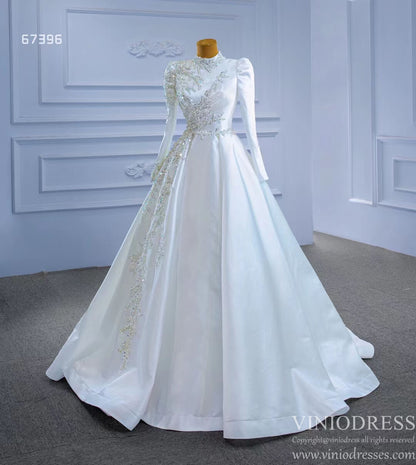 Long Sleeve Beaded A-line Wedding Dresses vestido de novia 67396-wedding dresses 2025 -Viniodress-Ivory-Custom Size-
