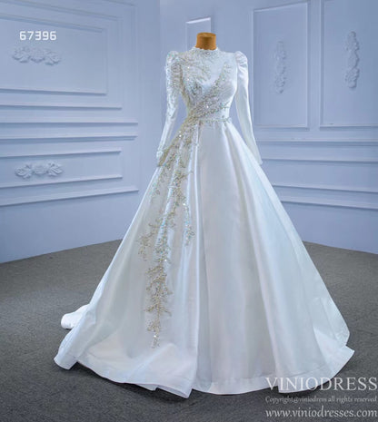Long Sleeve Beaded A-line Wedding Dresses vestido de novia 67396-wedding dresses 2025 -Viniodress-Ivory-Custom Size-
