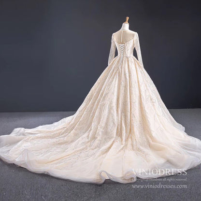 Long Sleeve Beaded Champagne Ball Gown Wedding Dresses VW1533-wedding dresses 2025 -Viniodress-Champagne-Custom Size-