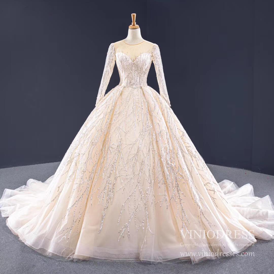 Long Sleeve Beaded Champagne Ball Gown Wedding Dresses VW1533-wedding dresses 2025 -Viniodress-Champagne-Custom Size-
