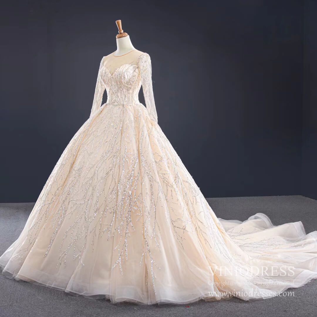 Long Sleeve Beaded Champagne Ball Gown Wedding Dresses VW1533-wedding dresses 2025 -Viniodress-Champagne-Custom Size-