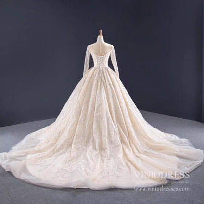Long Sleeve Beaded Champagne Ball Gown Wedding Dresses VW1533-wedding dresses 2025 -Viniodress-Champagne-Custom Size-