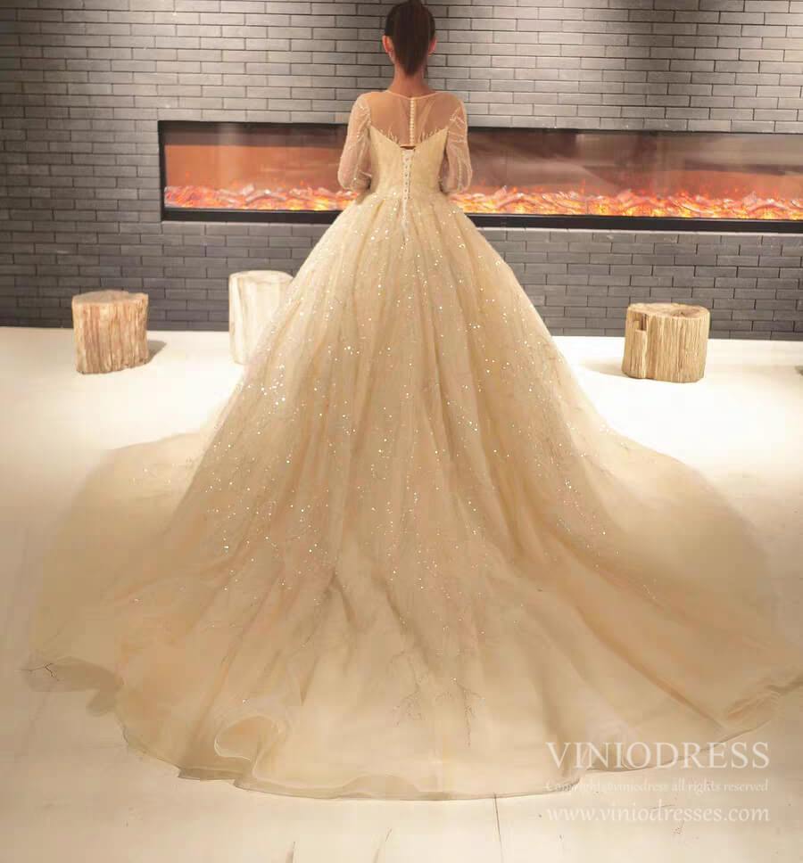 Long Sleeve Beaded Champagne Ball Gown Wedding Dresses VW1533-wedding dresses 2025 -Viniodress-Champagne-Custom Size-