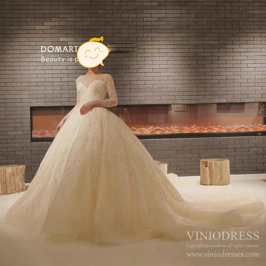 Long Sleeve Beaded Champagne Ball Gown Wedding Dresses VW1533-wedding dresses 2025 -Viniodress-Champagne-Custom Size-