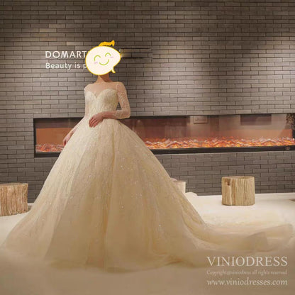 Long Sleeve Beaded Champagne Ball Gown Wedding Dresses VW1533-wedding dresses 2025 -Viniodress-Champagne-Custom Size-