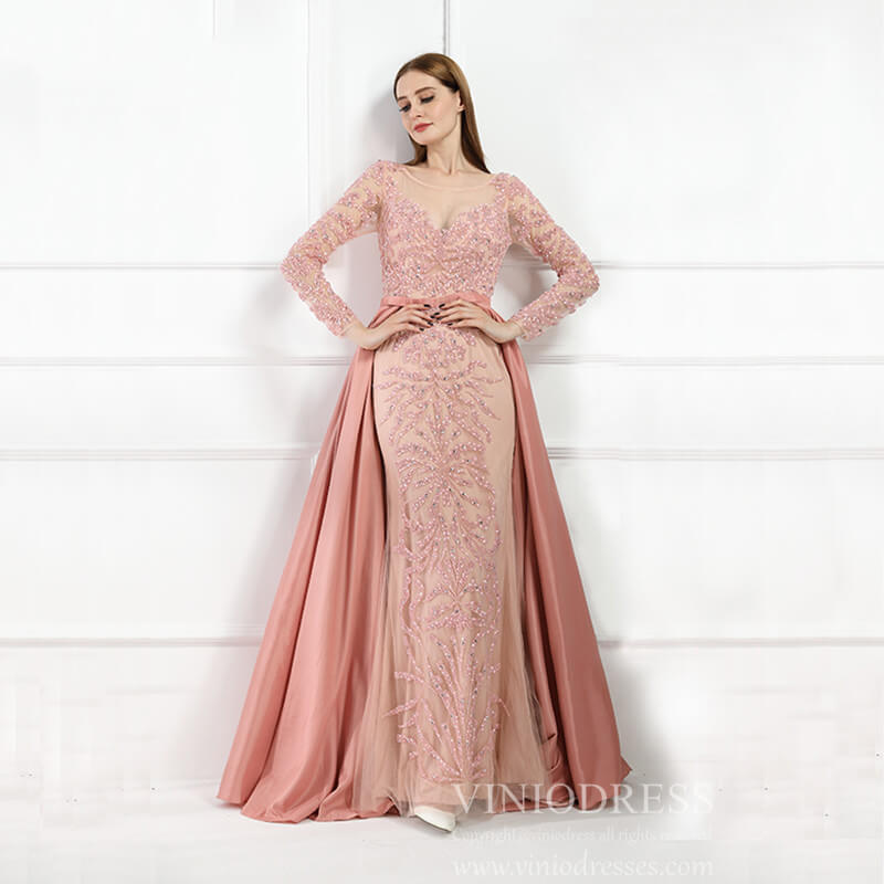 Prom Dress 2025 Long Sleeve Beaded Formal Dress Overskirt Prom Dresses FD2859-unique prom dresses-Pink-US 2-Viniodress