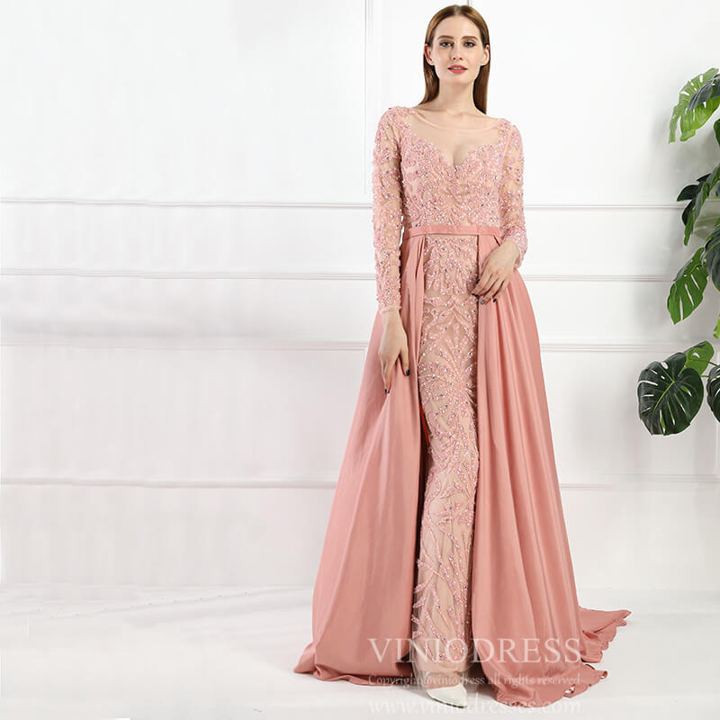 Prom Dress 2025 Long Sleeve Beaded Formal Dress Overskirt Prom Dresses FD2859-unique prom dresses-Pink-US 2-Viniodress