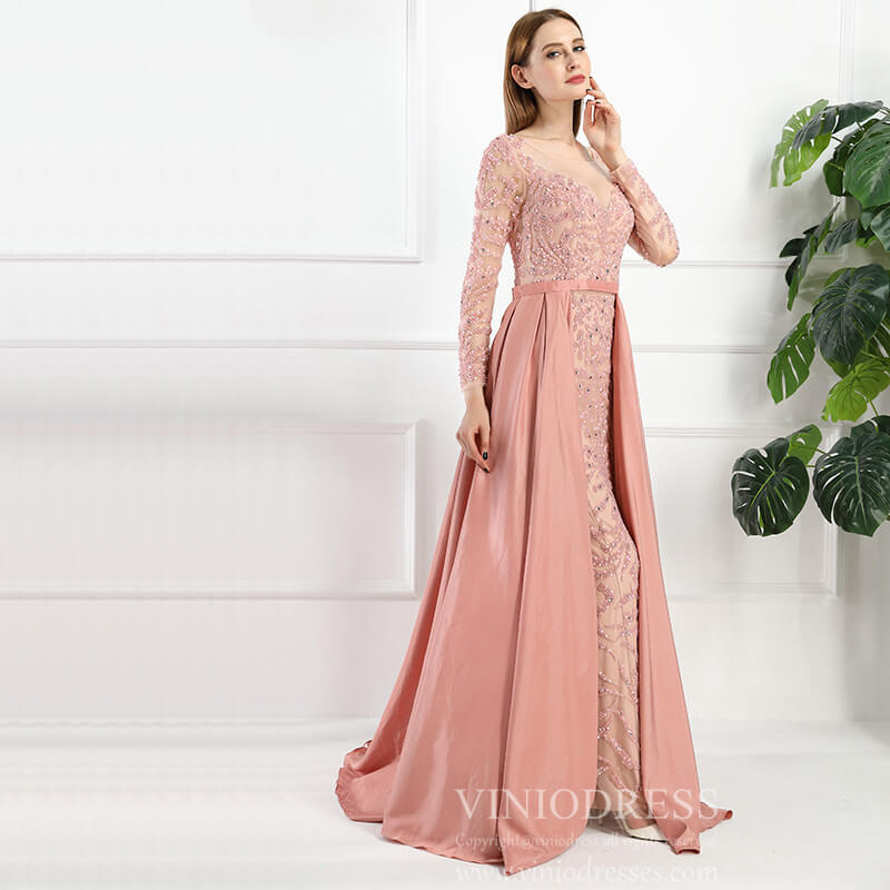 Prom Dress 2025 Long Sleeve Beaded Formal Dress Overskirt Prom Dresses FD2859-unique prom dresses-Pink-US 2-Viniodress