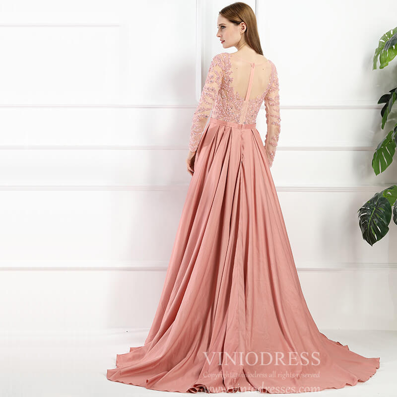 Prom Dress 2025 Long Sleeve Beaded Formal Dress Overskirt Prom Dresses FD2859-unique prom dresses-Pink-US 2-Viniodress