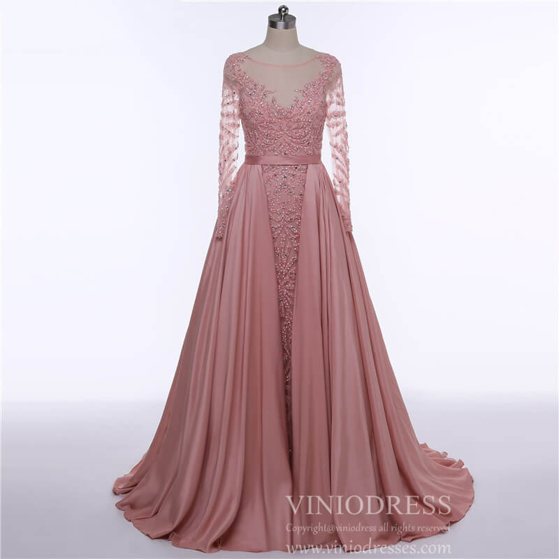 Prom Dress 2025 Long Sleeve Beaded Formal Dress Overskirt Prom Dresses FD2859-unique prom dresses-Pink-US 2-Viniodress