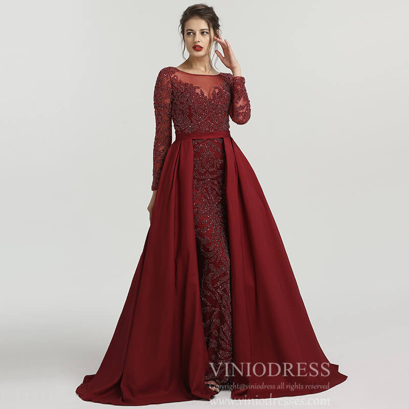 Prom Dress 2025 Long Sleeve Beaded Formal Dress Overskirt Prom Dresses FD2859-unique prom dresses-Pink-US 2-Viniodress