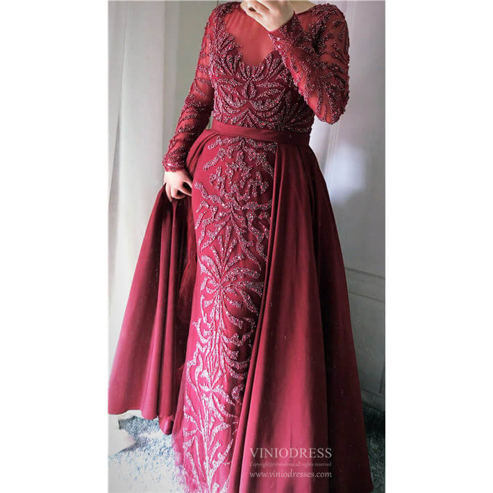 Prom Dress 2025 Long Sleeve Beaded Formal Dress Overskirt Prom Dresses FD2859-unique prom dresses-Burgundy-US 2-Viniodress