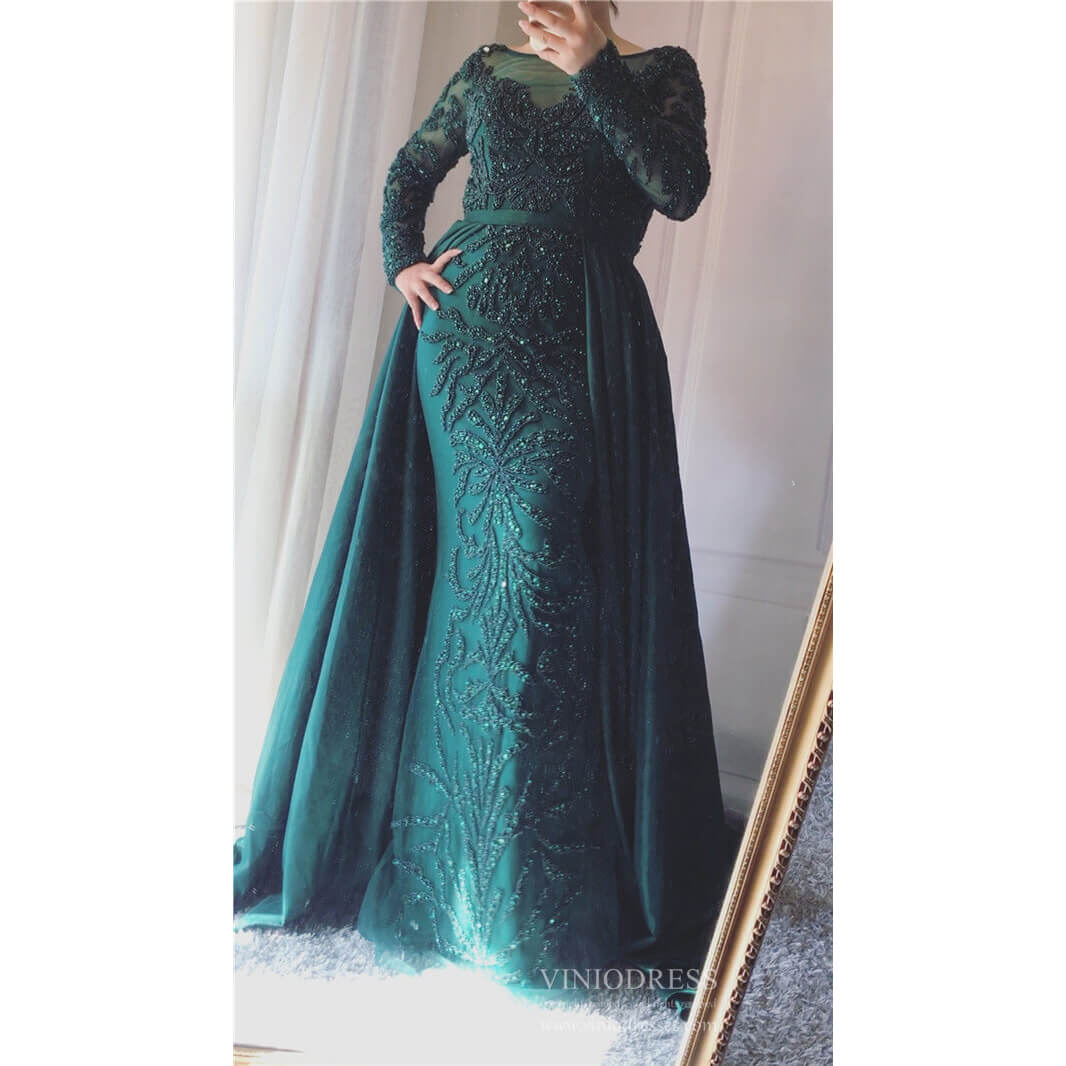 Prom Dress 2025 Long Sleeve Beaded Formal Dress Overskirt Prom Dresses FD2859-unique prom dresses-Emerald Green-US 2-Viniodress