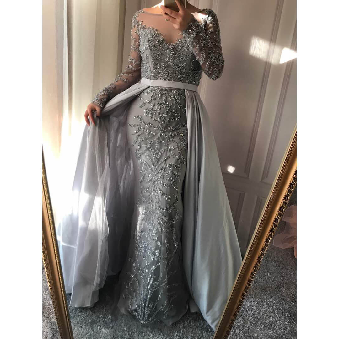 Prom Dress 2025 Long Sleeve Beaded Formal Dress Overskirt Prom Dresses FD2859-unique prom dresses-Grey-US 2-Viniodress