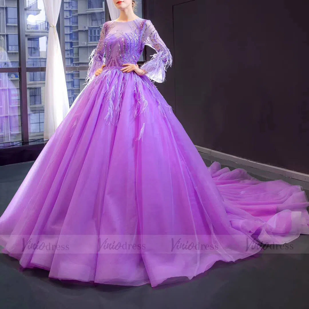 Prom Dress 2025 Long Sleeve Beaded Lavender Quinceanera Dresses with Train FD1601 viniodress-unique prom dresses-As Picture-US 2-Viniodress