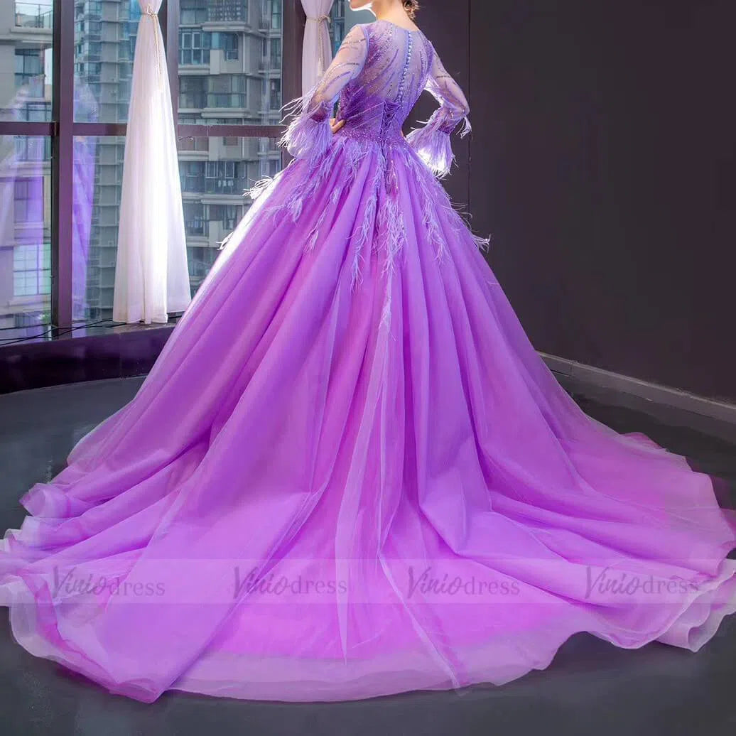 Prom Dress 2025 Long Sleeve Beaded Lavender Quinceanera Dresses with Train FD1601 viniodress-unique prom dresses-As Picture-US 2-Viniodress