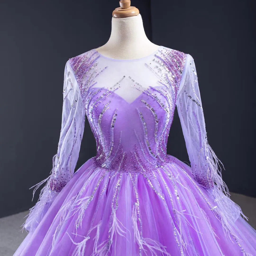 Prom Dress 2025 Long Sleeve Beaded Lavender Quinceanera Dresses with Train FD1601 viniodress-unique prom dresses-As Picture-US 2-Viniodress