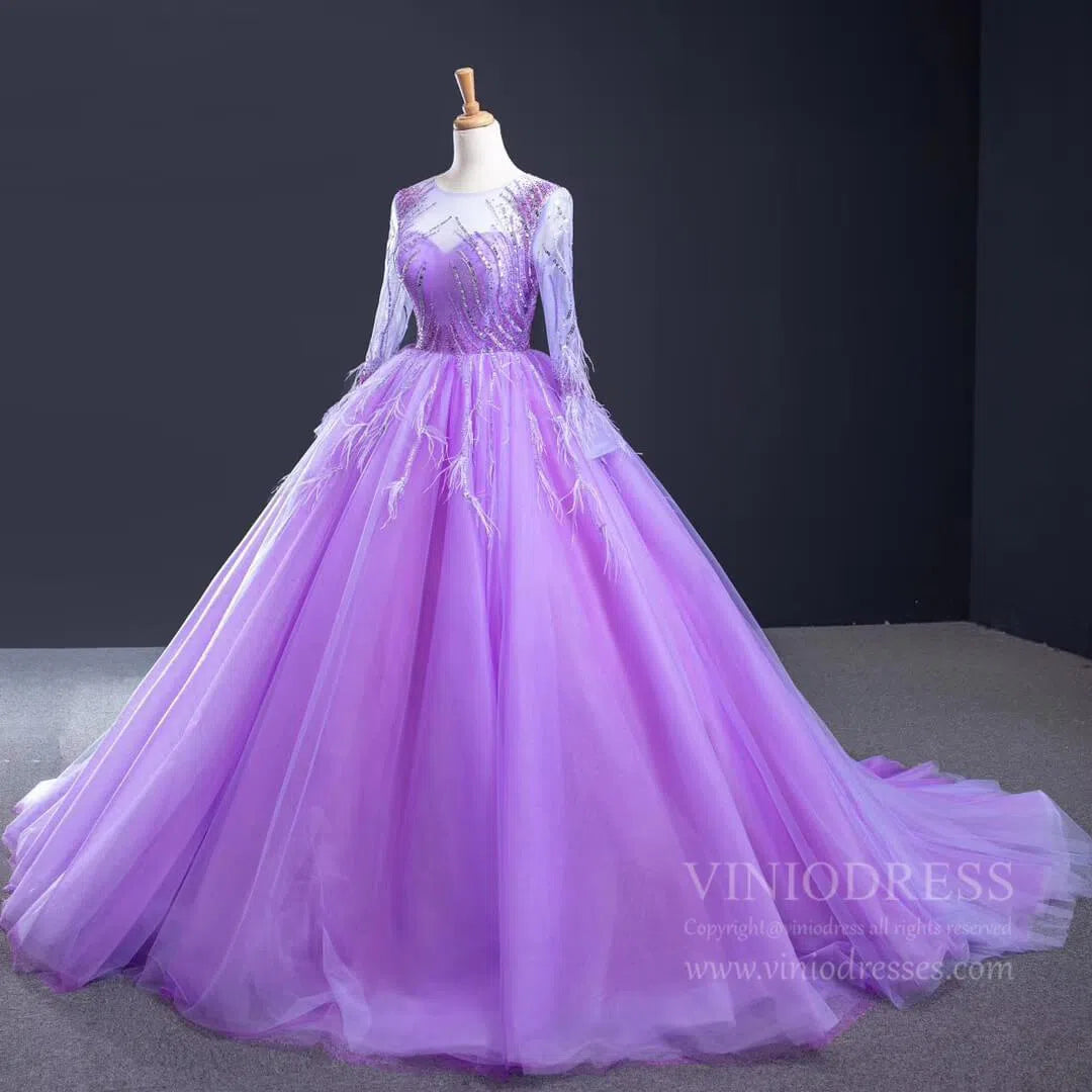 Prom Dress 2025 Long Sleeve Beaded Lavender Quinceanera Dresses with Train FD1601 viniodress-unique prom dresses-As Picture-US 2-Viniodress