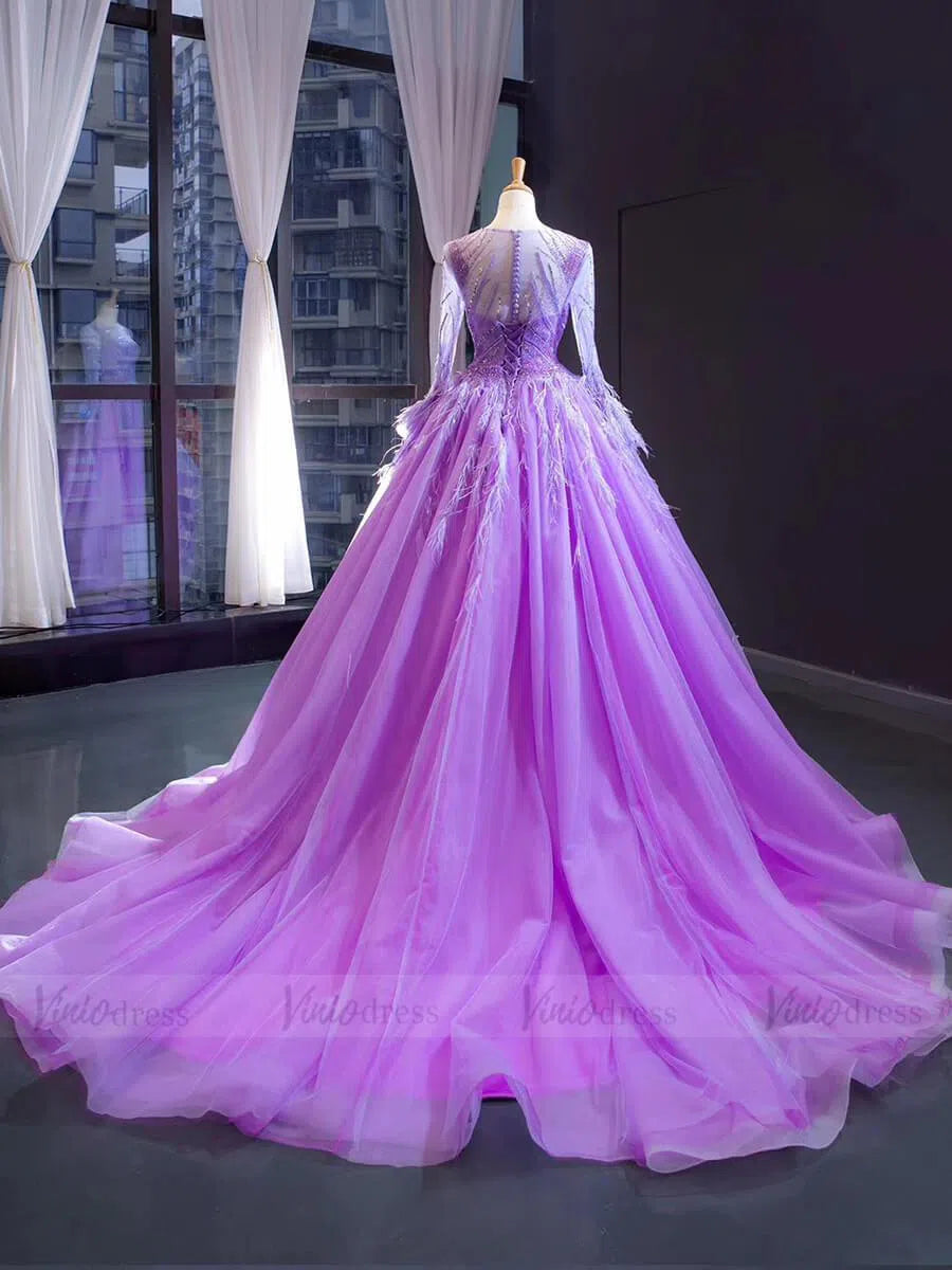 Prom Dress 2025 Long Sleeve Beaded Lavender Quinceanera Dresses with Train FD1601 viniodress-unique prom dresses-As Picture-US 2-Viniodress