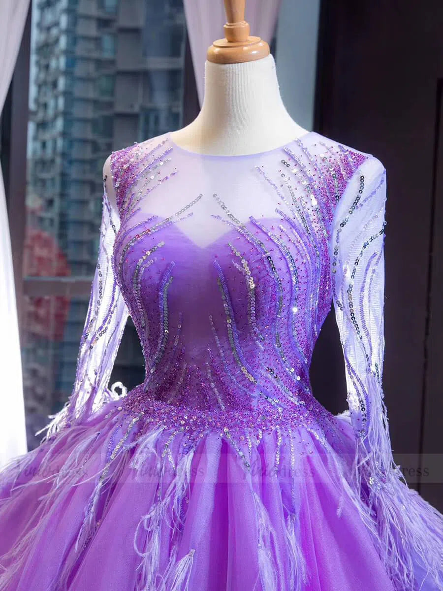 Prom Dress 2025 Long Sleeve Beaded Lavender Quinceanera Dresses with Train FD1601 viniodress-unique prom dresses-As Picture-US 2-Viniodress