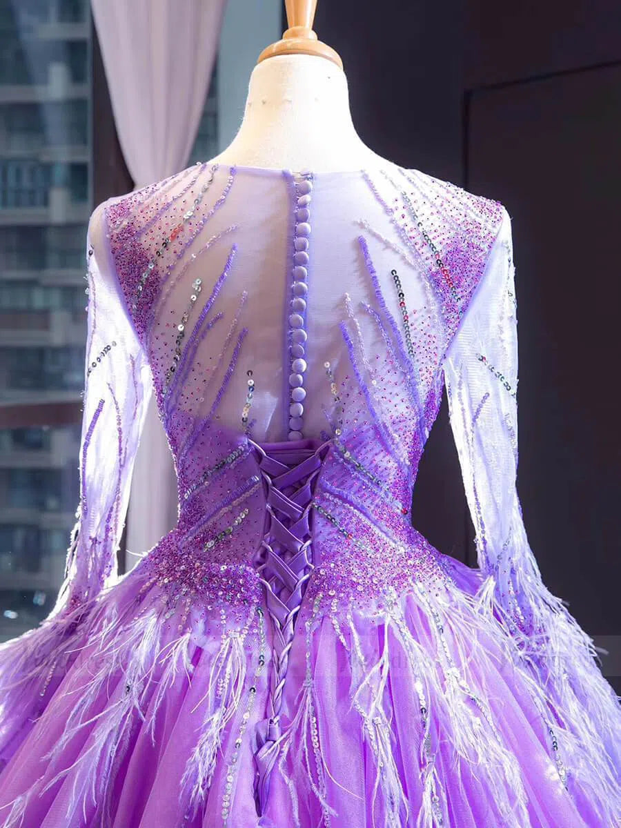 Prom Dress 2025 Long Sleeve Beaded Lavender Quinceanera Dresses with Train FD1601 viniodress-unique prom dresses-As Picture-US 2-Viniodress