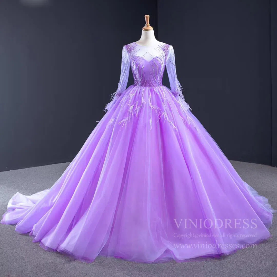 Prom Dress 2025 Long Sleeve Beaded Lavender Quinceanera Dresses with Train FD1601 viniodress-unique prom dresses-As Picture-US 2-Viniodress