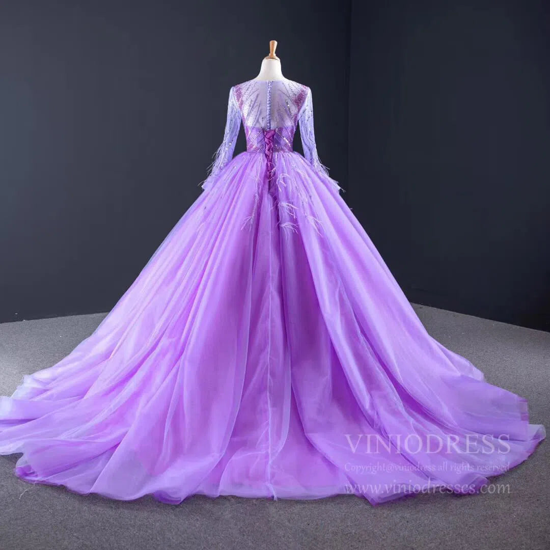 Prom Dress 2025 Long Sleeve Beaded Lavender Quinceanera Dresses with Train FD1601 viniodress-unique prom dresses-As Picture-US 2-Viniodress