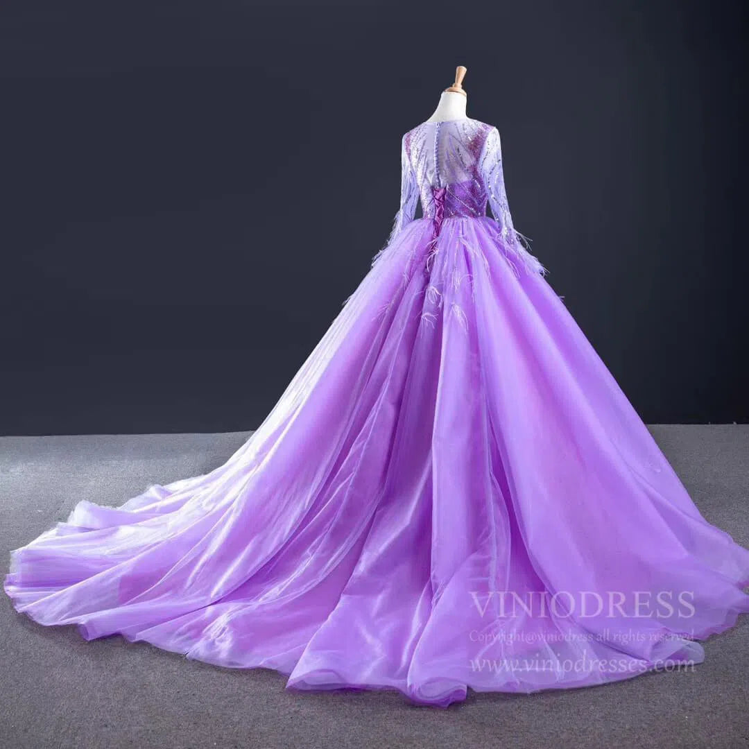 Prom Dress 2025 Long Sleeve Beaded Lavender Quinceanera Dresses with Train FD1601 viniodress-unique prom dresses-As Picture-US 2-Viniodress