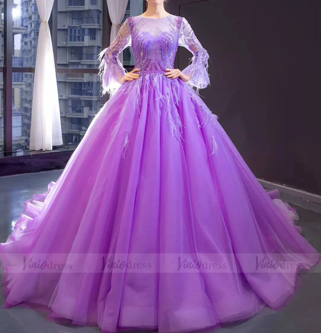 Prom Dress 2025 Long Sleeve Beaded Lavender Quinceanera Dresses with Train FD1601 viniodress-unique prom dresses-As Picture-US 2-Viniodress