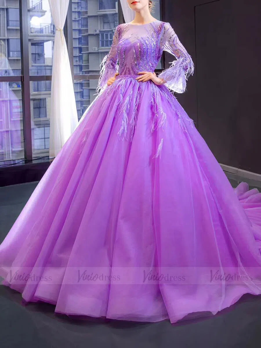 Prom Dress 2025 Long Sleeve Beaded Lavender Quinceanera Dresses with Train FD1601 viniodress-unique prom dresses-As Picture-US 2-Viniodress