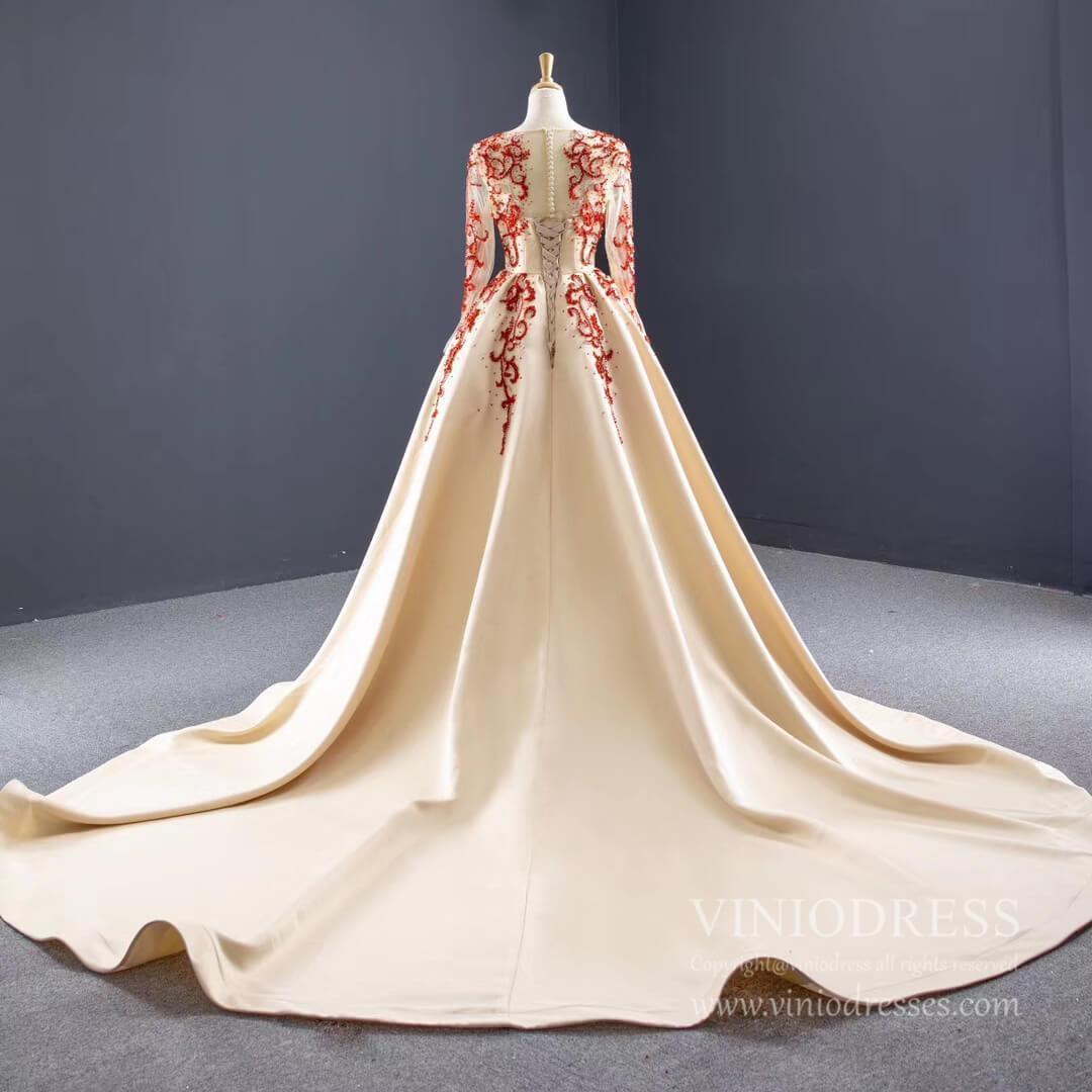 Prom Dress 2025 Long Sleeve Beaded Light Gold Satin Prom Dresses with Long Train FD1081 viniodress-unique prom dresses-As Picture-Custom Size-Viniodress