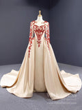 Prom Dress 2025 Long Sleeve Beaded Light Gold Satin Prom Dresses with Long Train FD1081 viniodress-unique prom dresses-As Picture-Custom Size-Viniodress