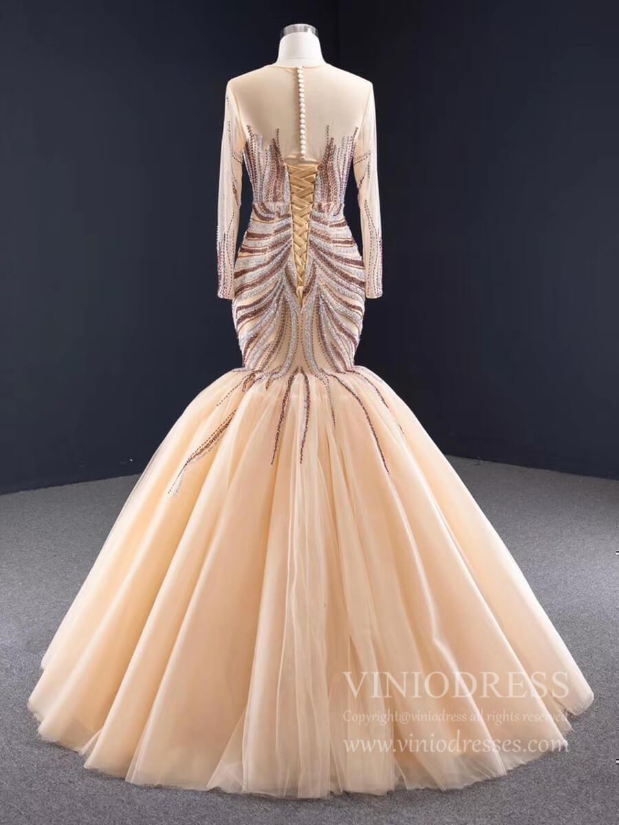 Long Sleeve Beaded Mermaid Prom Dresses Pageant Dress FD1992-Evening Dresses 2025 -Viniodress-As Picture-Custom Size-